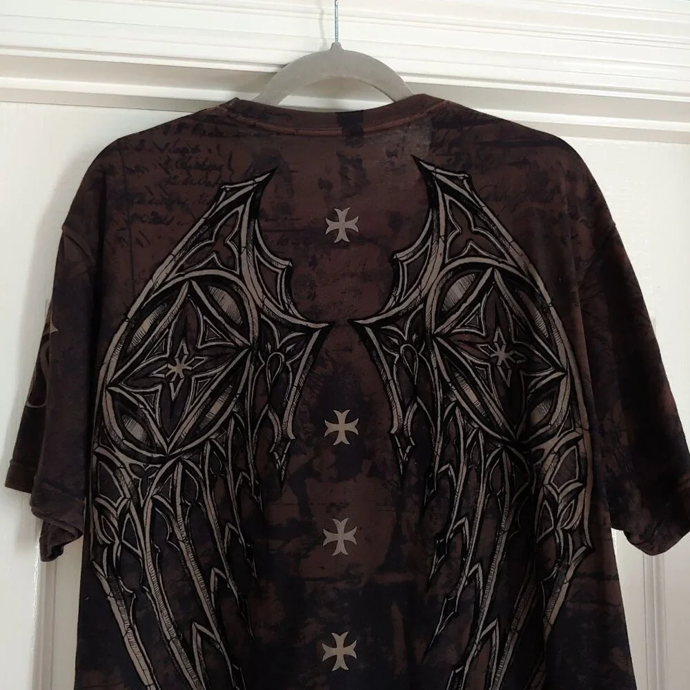 Saints By Affliction Garage Tattoo Grunge Biker Cross Angel Wings Men T-Shirt L - Picture 9 of 12